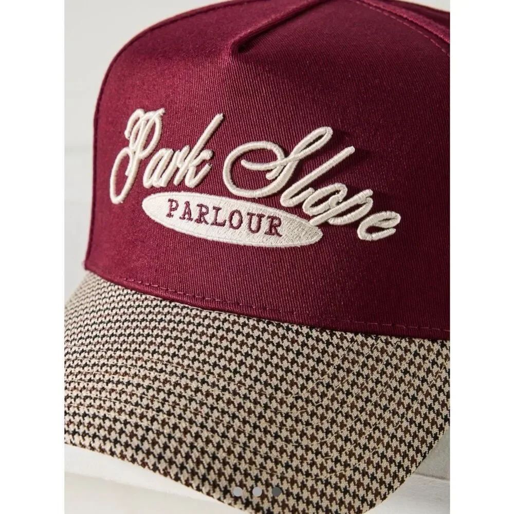 Anthropologie Maroon Baseball Cap Trucker Hat Houndstooth Brim Maroon OS NWT